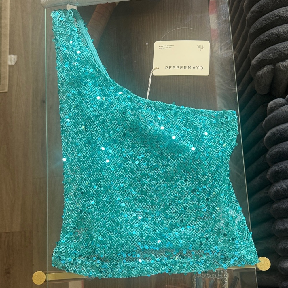 Peppermayo Aqua Sequin One-Shoulder Top